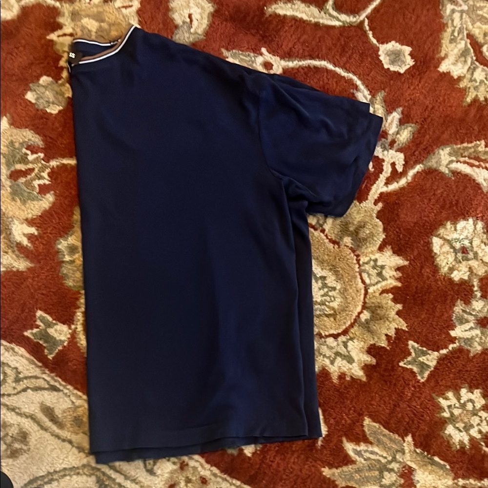 Express Navy Shirt with White and Brown Trim